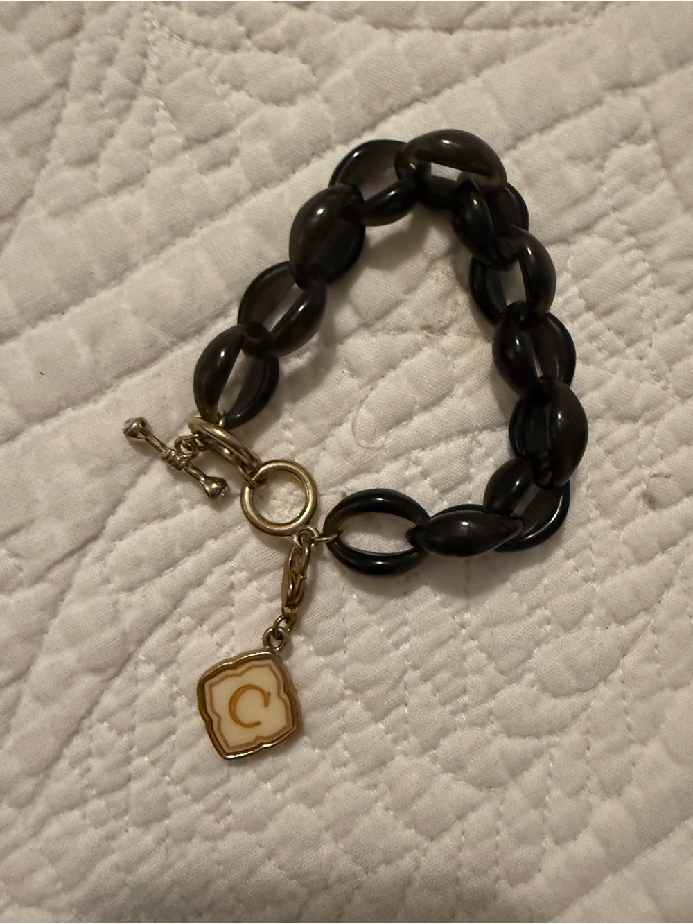 Gold Charm & Black Link Bracelet with 'C' Initial Charm